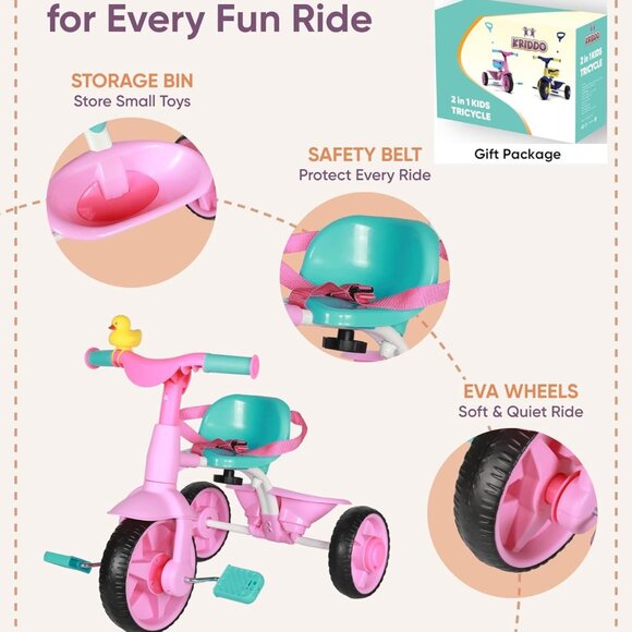 Kriddo 2 in 1 Kids Tricycle with Parent Push Handle Pink Aqua Toddler Bike - Picture 14 of 15